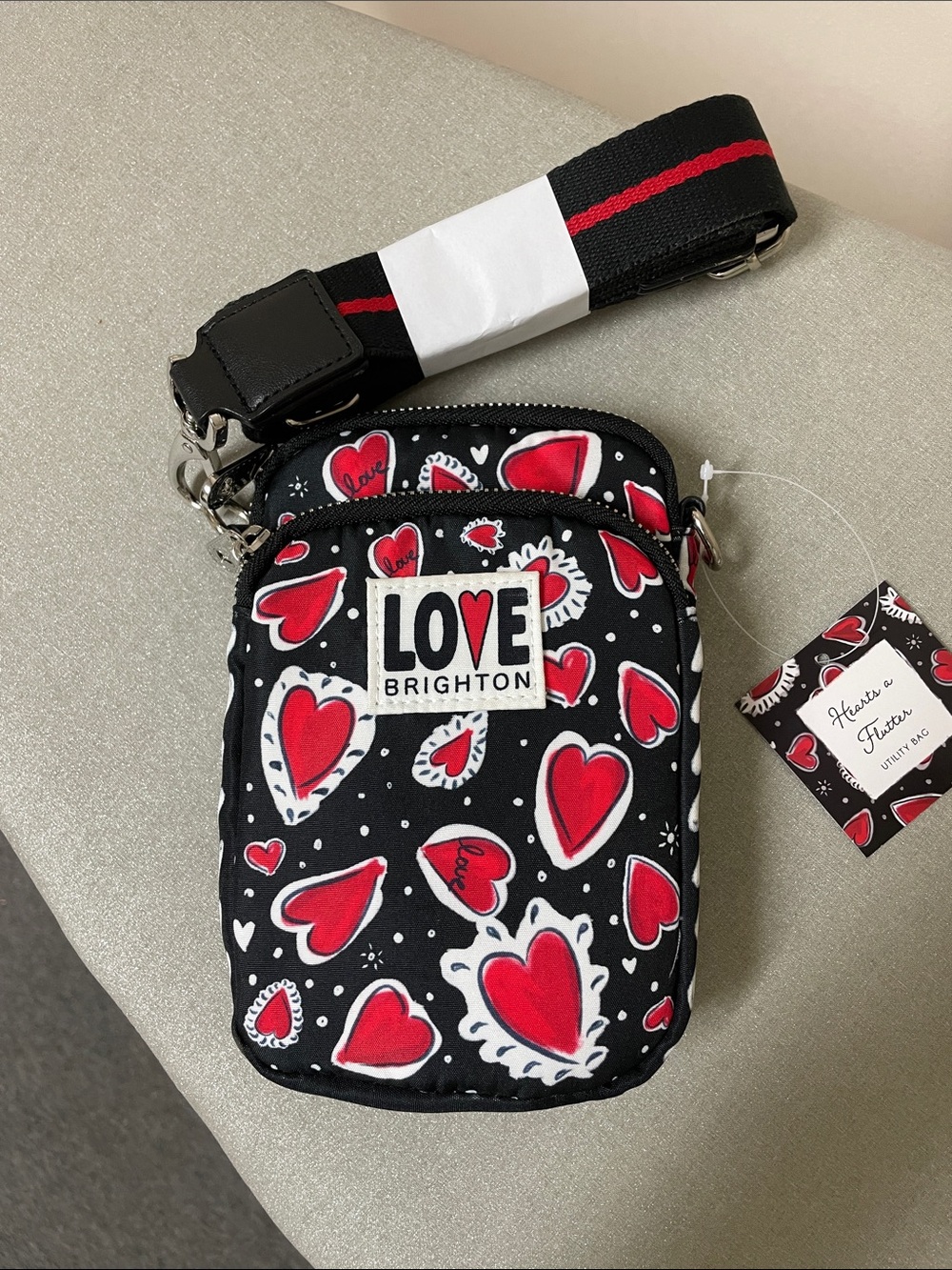 Brighton Black Crossbody Pouch with Red Heart Print